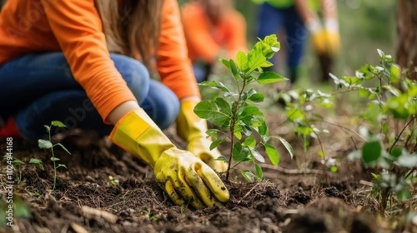 Fototapeta Community volunteers planting trees in a forest restoration project