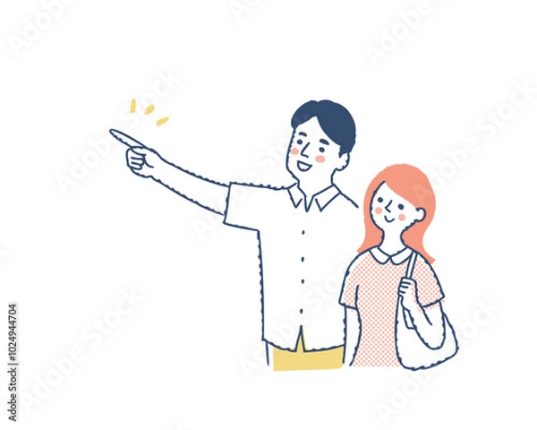 Fototapeta 遠くを指さす男性とそちらを見ている女性