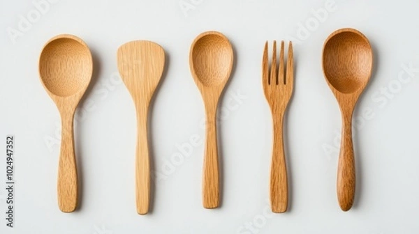 Fototapeta Five wooden kitchen utensils on a white background, including two spoons, a spatula, a fork, and a ladle.