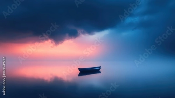 Obraz Serene boat on tranquil lake at sunset