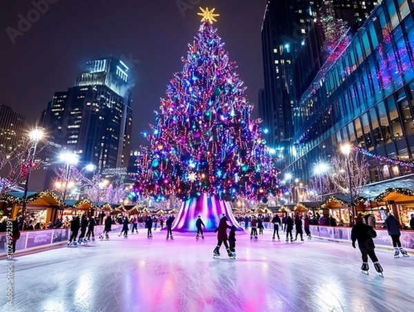 Obraz Vibrant cityscape featuring a giant, illuminated Christmas tree at a bustling outdoor ice skating rink at night, surrounded by urban architecture.