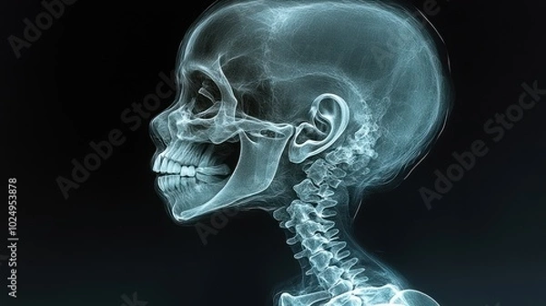 Fototapeta X-ray image of a human skull and cervical spine in profile view.