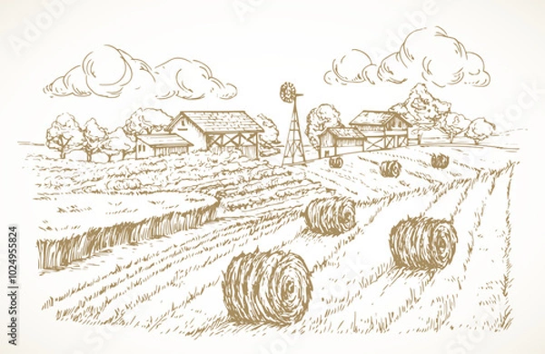 Fototapeta Farm Sketch Rustic Landscape Illustration. Hand Drawn Vector Countryside Village Yard with Haystacks Doodle. Engraving Style Pasture Drawing. Isolated