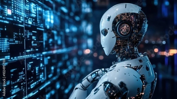 Fototapeta Futuristic Robot Peering into a Digital World of Data Visualization