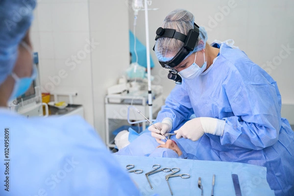 Fototapeta Clinic surgeon works with an assistant in an operating room