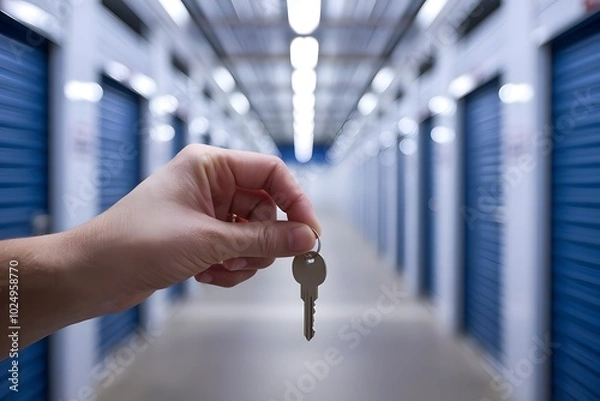 Fototapeta A photo of a hand gripping a key in front of a blurred background of a storage complex with bright lights.