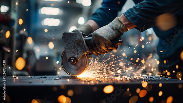 Fototapeta Metalworker Cutting with Angle Grinder and Sparks
