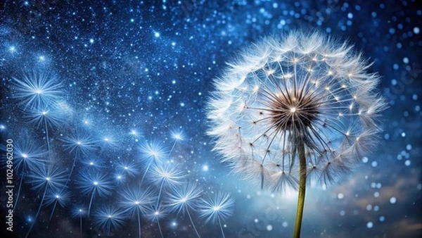 Fototapeta Starry night sky with dandelion seeds covered in dew