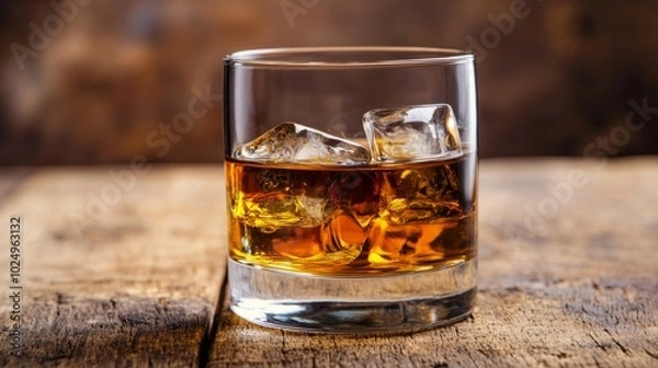 Fototapeta Glass of Golden Whiskey with Ice Cubes on a Rustic Wooden Table. Close-Up, Selective Focus.