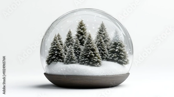 Fototapeta 3D Render of a Snowy Scene in a Terrarium on White Background. AI generated illustration.
