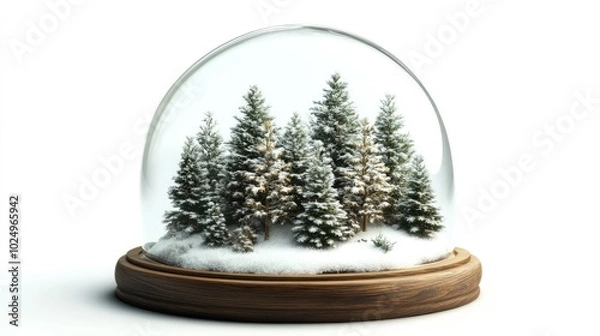 Fototapeta 3D Render of a Snowy Scene in a Terrarium on White Background. AI generated illustration.