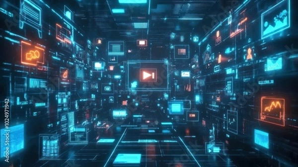 Fototapeta A futuristic digital space filled with screens displaying data and media elements.
