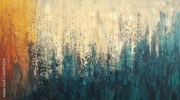 Fototapeta   A painting depicts raindrops on a window with vibrant green, orange, and yellow brushstrokes on its exterior