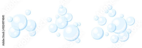 Obraz Set of air bubbles in cartoon style. Vector illustration of cute transparent soap bubbles isolated on white background. Blue round bubbles of different sizes: small, medium, large. Foam.