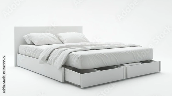 Fototapeta A sleek white double bed with neatly arranged linen and built-in storage drawers, isolated on a white background, perfect for modern interiors