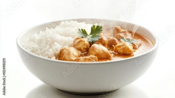 Fototapeta A steaming bowl of chicken curry with fluffy white rice, isolated on a white background, representing a classic Indian dish
