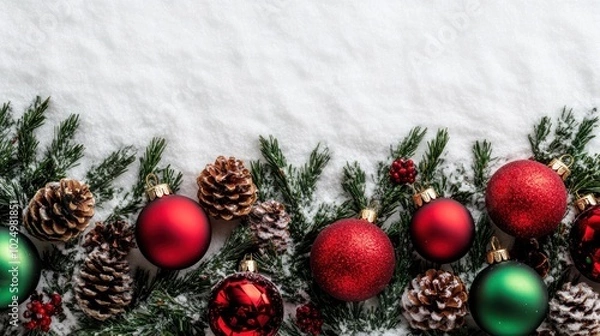 Fototapeta A festive arrangement of ornaments, pinecones, and greenery on a snowy background.