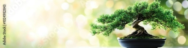 Fototapeta A beautiful bonsai tree in a pot, set against a blurred, light-filled background.