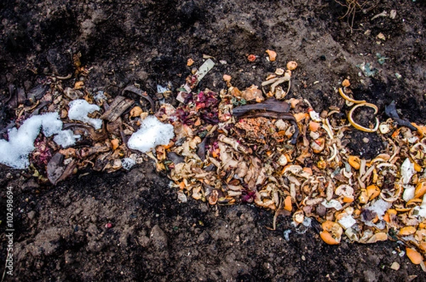 Fototapeta a pile of food waste, such  as eggshells and fruit and vegetable peels on the ground with snow. Composting pile of rotting kitchen fruits 
