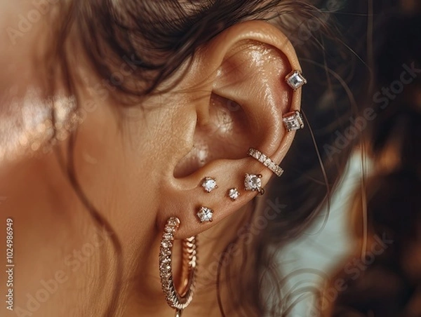 Obraz Close-up of stylish ear piercings with multiple elegant diamond earrings and hoop in warm lighting
