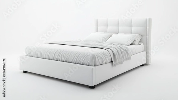 Fototapeta Double bed in crisp white with soft linen and spacious storage underneath, isolated on a clean white background, ideal for modern bedrooms