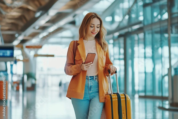 Obraz Young woman carrying suitcase and holding smartphone on hand, walking in airport terminal