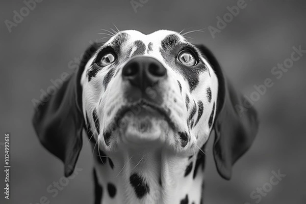 Obraz Black and white photo of a Dalmatian dog with a black nose and white spots. Dalmatian dog with black spots looking upwards, black and white photograph of a curious Dalmatian dog
