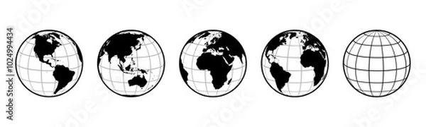 Fototapeta Collection of four Black and White earth globes. Full Vector illustrations with flat colors, each centered on a different area of earth, America, Asia, Eurafrica, Atlantic ocean.