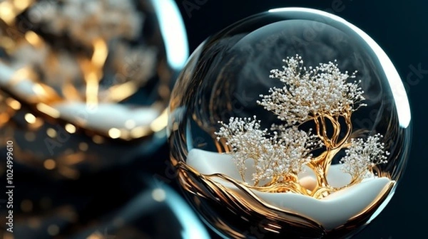 Fototapeta 3D rendering of magical, glossy Christmas balls and glass spheres with snow-covered trees inside on a dark blue background with reflective lighting and luxury finishing.