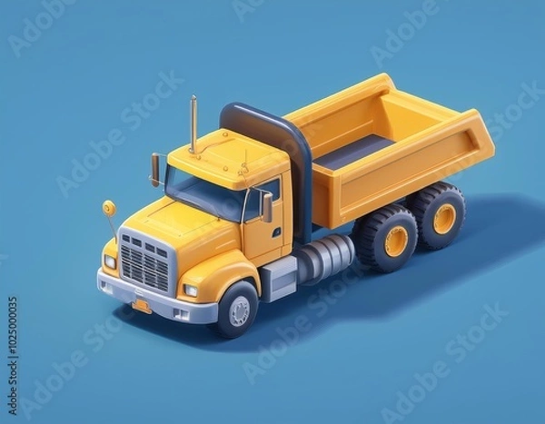Fototapeta 3D yellow dump truck sits on a blue background