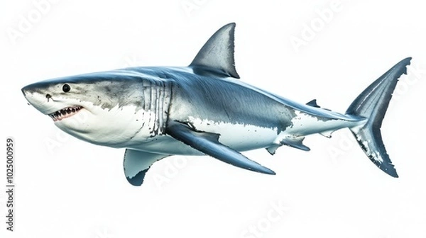 Fototapeta Great white shark in full view, isolated on a white background, capturing its strength and the detail of its powerful form
