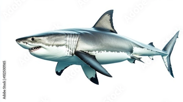 Fototapeta Great white shark swimming, isolated on a pure white background, highlighting its strong features and sleek form