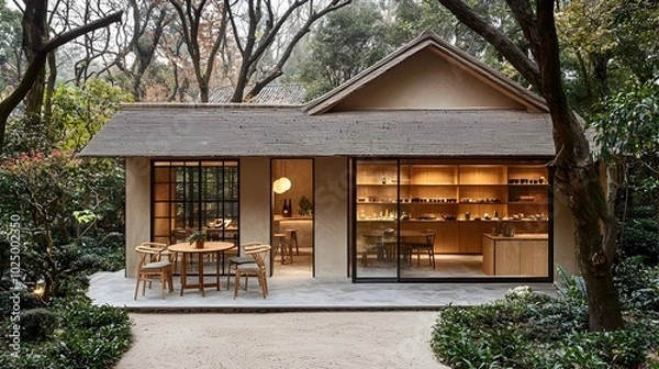 Fototapeta Serene and Minimalist Japanese Inspired Modern House with Neutral Color Tones Large Windows and Clean Architectural Design