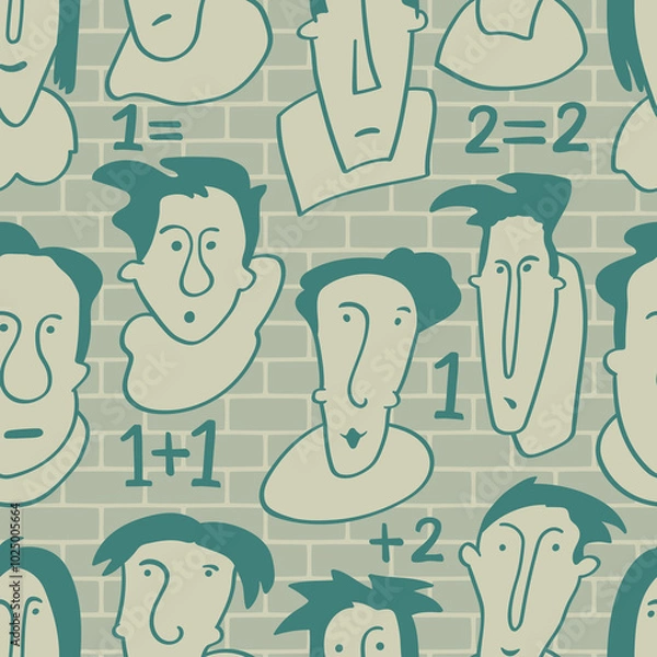 Fototapeta Seamless background with funny faces of anthropomorphic creatures. Humorous characters with different emotions