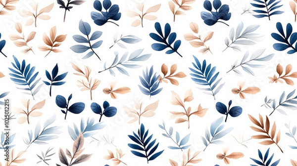 Fototapeta Lush foliage pattern featuring various leaves in shades of blue, beige, and soft brown, creating serene and elegant design. Perfect for backgrounds or textiles