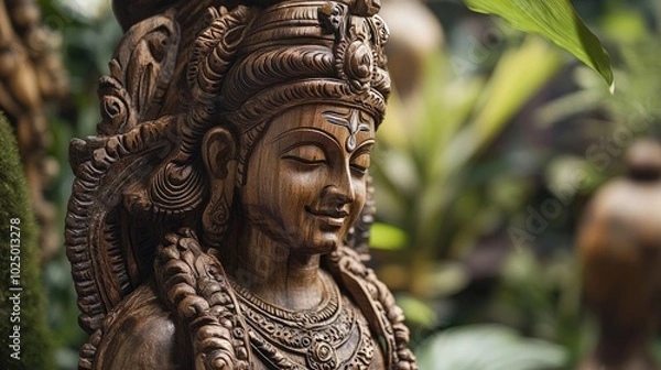 Fototapeta A modern eco-friendly idol of Lord Rama, sculpted from recycled wood, with a natural, polished finish and sustainable craftsmanship, representing virtue and environmental responsibility