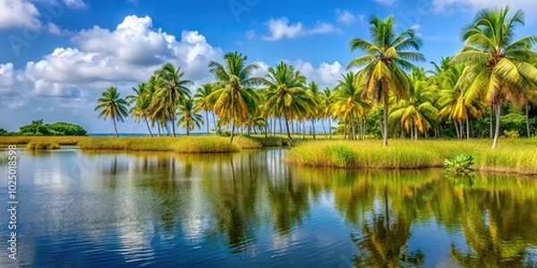 Fototapeta Tropical wetlands with colorful reeds and coconut trees in Icacos Trinidad in the Caribbean