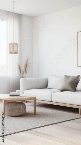 Fototapeta A modern minimalist living room with a sofa and a potted plant.