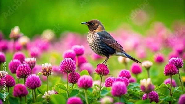Fototapeta A Beautiful Bird Perched Among Vibrant Black Clover Blossoms in a Lush Green Field Landscape