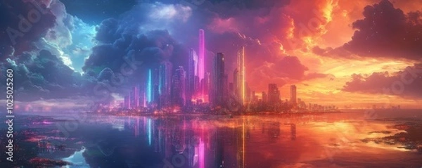 Fototapeta futuristic city with buildings glowing in neon rainbow colors, hovering above a reflective, multicolored ocean under a sky filled with swirling rainbow clouds