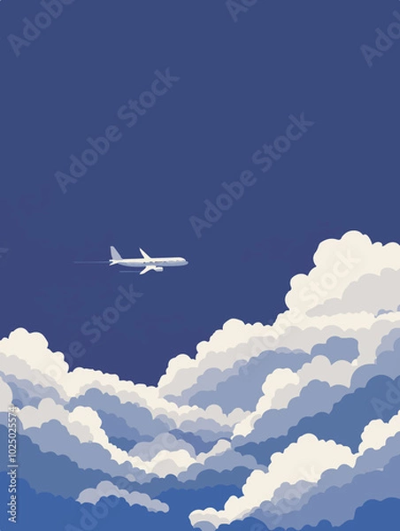 Fototapeta Minimalist vector illustration of an airplane flying above clouds and mountains, in a serene blue and yellow color palette. Simple and modern travel theme with geometric shapes and flat design style.