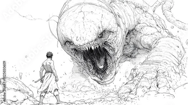 Fototapeta Hercules the legendary Greek hero engages in a fierce battle with the monstrous multi headed hydra in this dramatic black and white line drawing The mythological creature s snapping