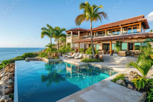 Fototapeta horizontal image of a beautiful coastal luxury estate, palm trees and swimming pool, ocean in the background
