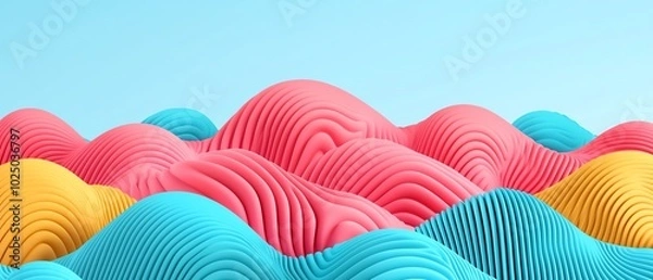 Fototapeta A vibrant, abstract landscape featuring colorful, wavy shapes in pink, blue, and yellow against a clear sky backdrop.