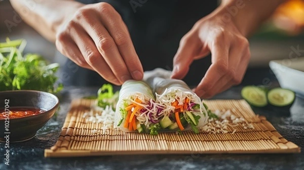 Fototapeta A person rolls fresh ingredients into a rice paper wrap, creating a colorful and healthy meal, surrounded by garnishes and dipping sauce.