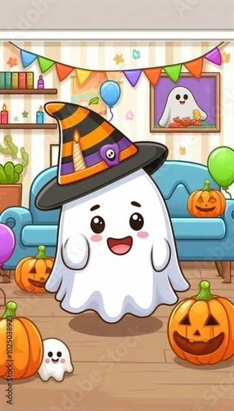 Fototapeta Cute little ghost on Halloween, cheerful birthday party scene with colorful party hats, balloons and festive decorations. The design combines festive elements, with a cartoon-like style with fun.