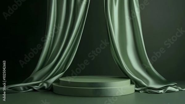 Fototapeta 3. A sleek 3D mockup of a green podium display, accented by a soft satin wave curtain on a deep green background, perfect for showcasing natural beauty products with a cohesive aesthetic