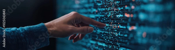 Fototapeta hand interacting with digital interface displaying data patterns and algorithms, showcasing technology and innovation. scene evokes sense of exploration and engagement with advanced systems
