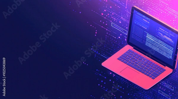 Fototapeta modern laptop displaying code on vibrant digital background, symbolizing technology and innovation. colorful design evokes sense of creativity and progress in digital world