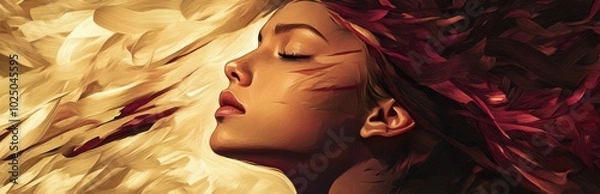 Fototapeta Surreal Portrait of a Woman Harmonizing Chaos and Serenity with Golden and Crimson Brushstrokes